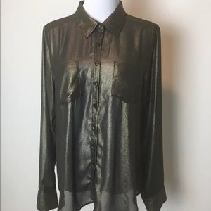 GUESS Olive Metallic Button Down Blouse Sz Large